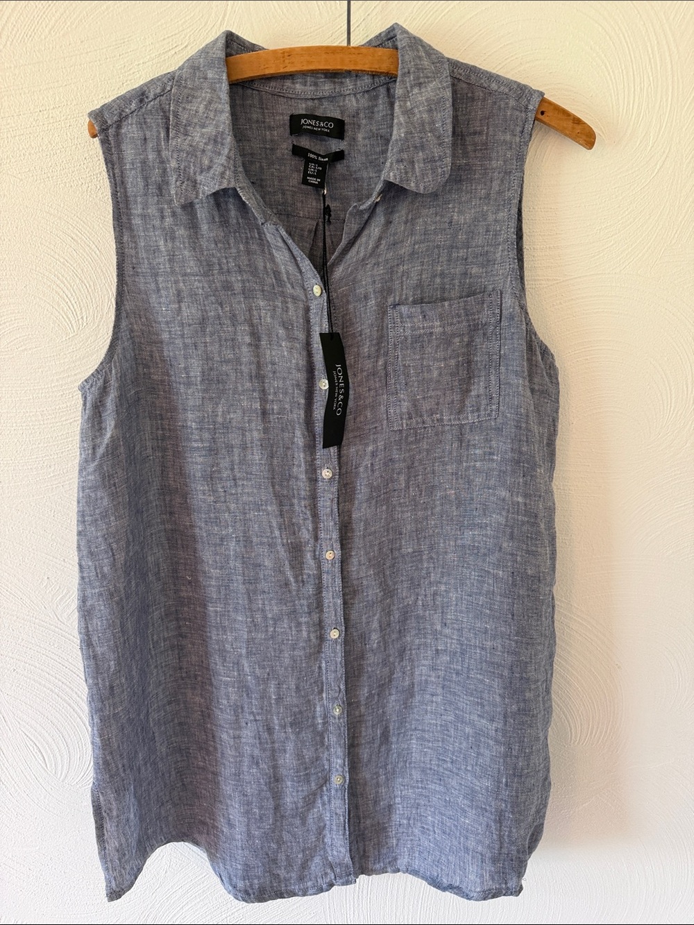 Jones & Co NWT Sleeveless 100% Linen Button-Front Blue Tunic.  Size Large.